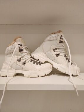 Gucci x SEGA Flashtrek White Leather Snow Hiking Boots with Shearling Lining